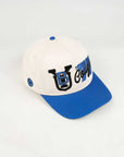 BYU Fade Hat Natural Royal Brim 2 Logo BYU – angled view