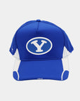Blue and white cap with a logo on a light gray background