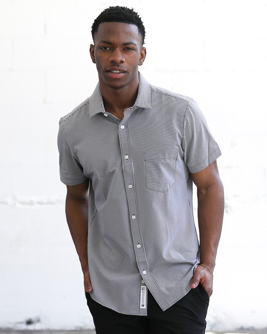Phenom Classic Black Plaid Short Sleeve Dress Shirt Sleek and Versatile Fit | TRUWEAR Slim / 2XL Phenom Classic Black Plaid Short Sleeve Dress Shirt Sleek and Versatile Fit | TRUWEAR Slim / 2XL