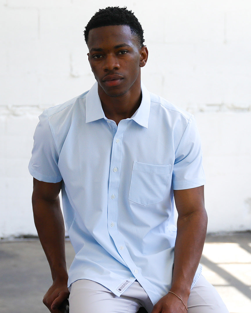 Phenom Classic Light Blue Striped Short Sleeve Dress Shirt