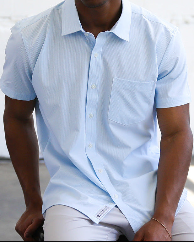 Phenom Classic Light Blue Striped Short Sleeve Dress Shirt – Timeless and Stylish Fit
