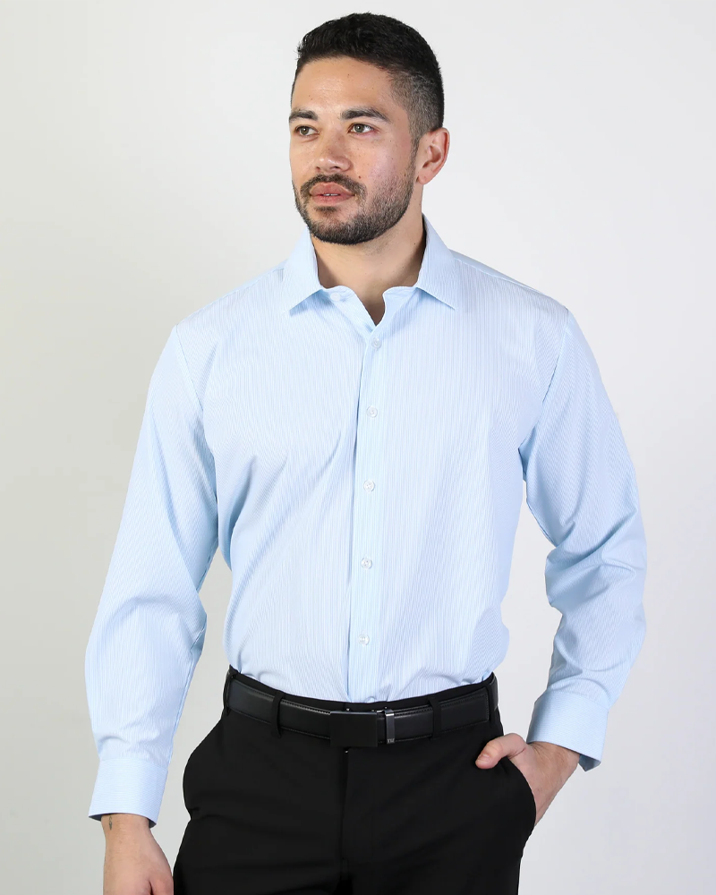 Phenom Professional Light Blue Striped Long Sleeve Men's Dress Shirt Sleek and Versatile Look | TRUWEAR Slim / Tall 2XL Phenom Professional Light Blue Striped Long Sleeve Men's Dress Shirt Sleek and Versatile Look | TRUWEAR Slim / Tall 2XL
