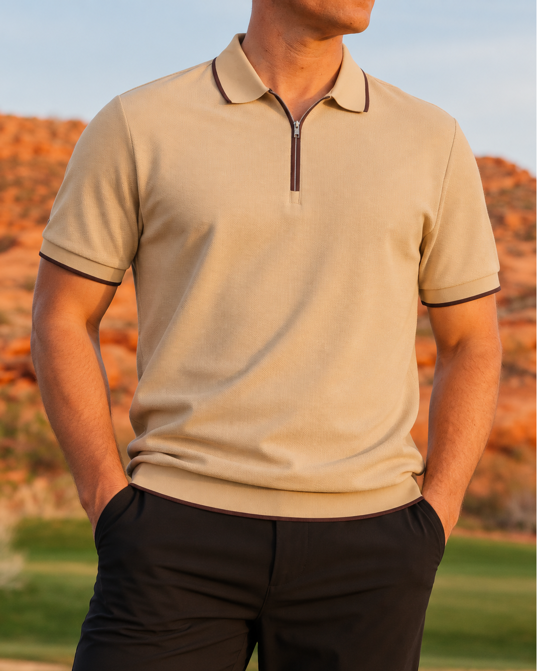TRUWEAR Vanguard Zip Polo – Tan | Performance Golf Polo