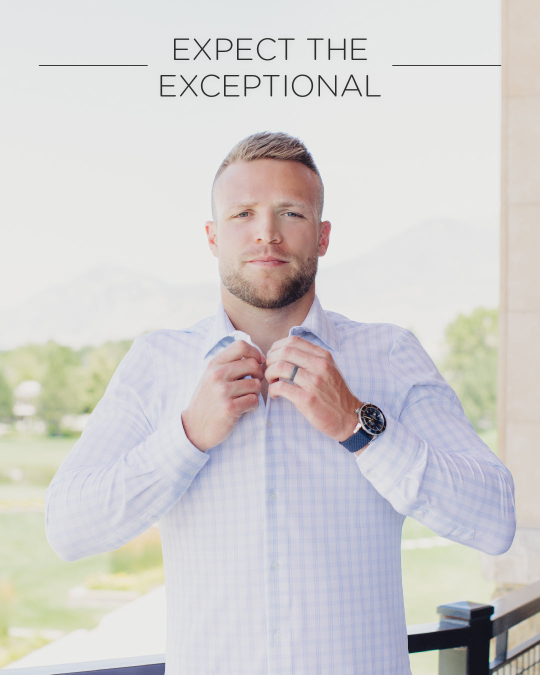 Taysom hill wearing dress shirt. Text above says expect the exceptional