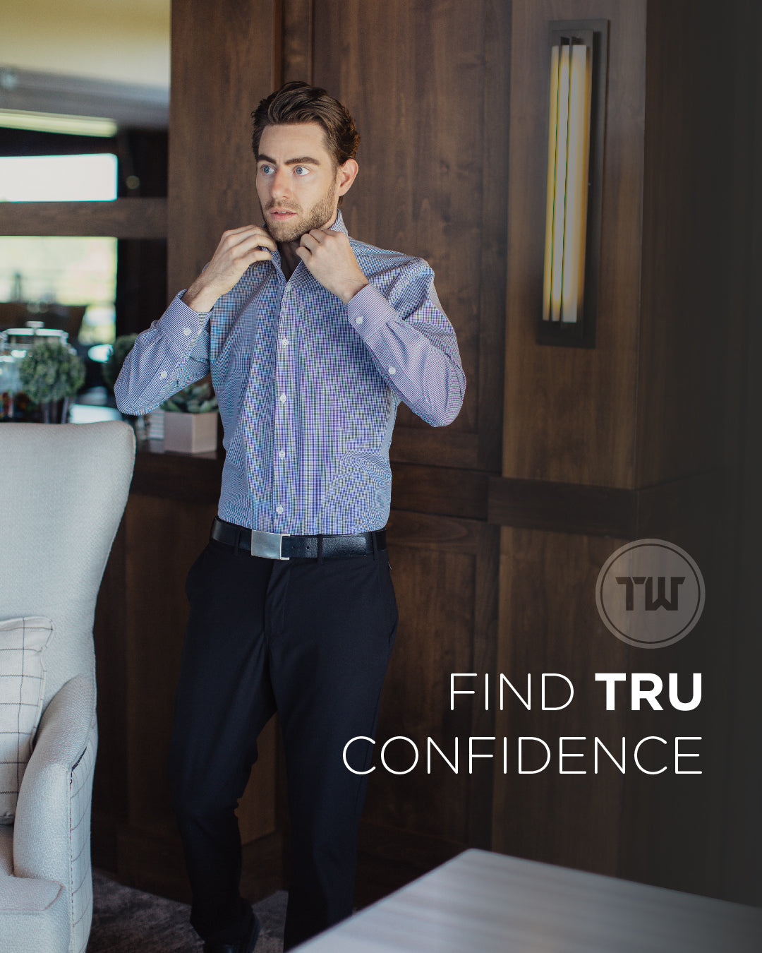 Man putting on blue dress shirt. Text on photo says ,"find tru confidence"