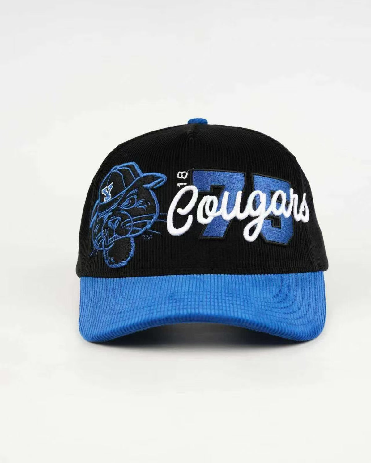 BYU Fade Hat Black Royal Brim 2 Logo Cougar – front view