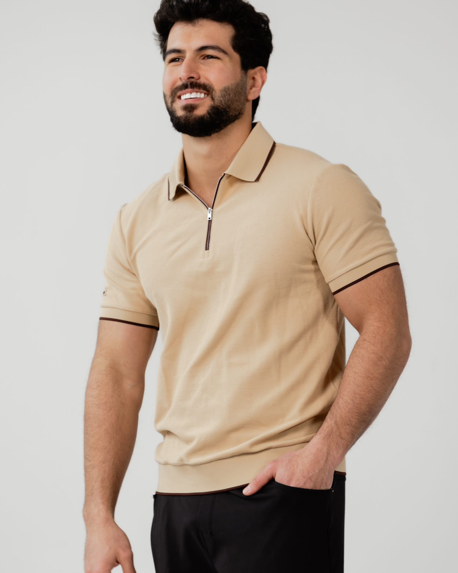 TRUWEAR Vanguard Zip Polo – Tan | Performance Golf Polo TRUWEAR Vanguard Zip Polo – Tan | Performance Golf Polo