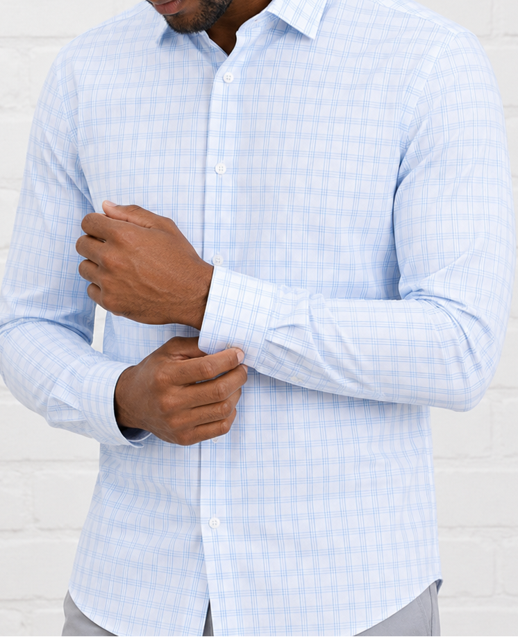 Phenom Professional Light Blue Tartan Long Sleeve Men's Dress Shirt - Blue