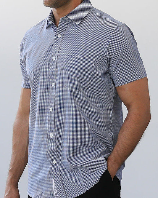 Phenom Classic Navy Plaid Short Sleeve Dress Shirt - Navy